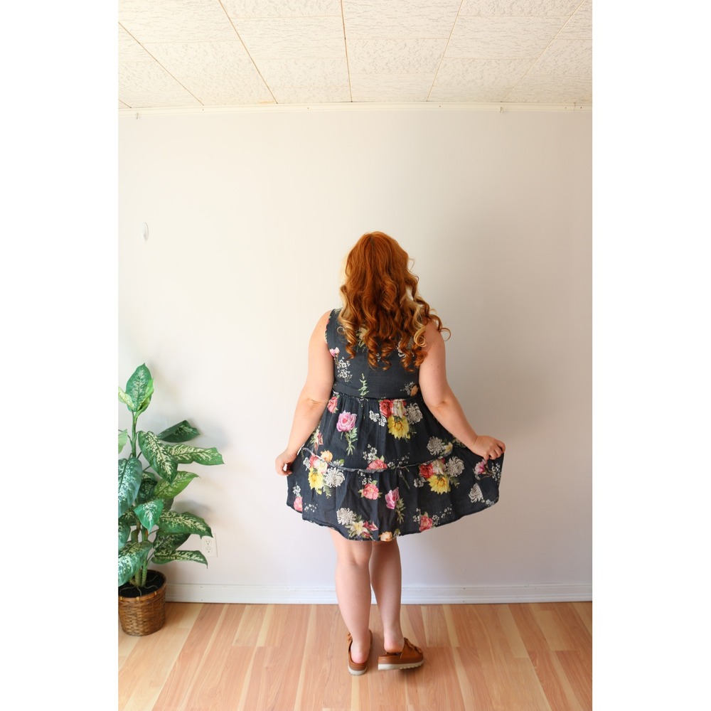 Linen Babydoll Dress Navy Floral Tiered Sleeveless Lagenlook Tunic Sundress - Picture 7 of 10